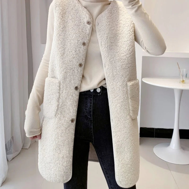 Frauen Herbst Winter Faux Lamm Pelz Weste Reine Weiche Taschen Taste Mid-länge Stil Weste Lose Beiläufige Fleece Strickjacke tücher