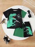 Sommer-Kleidungsset für Jungen, Dinosaurier-ROAR-Druck, Farbblock-T-Shirt, Shorts, 2-teilig, für Kleinkinder, atmungsaktiv, sportlich, lässig