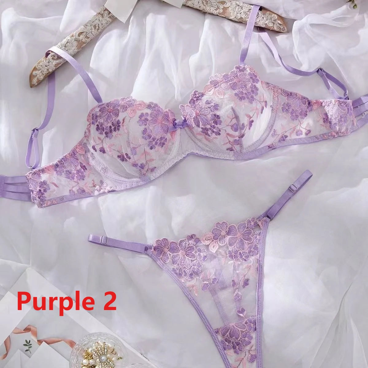 Damen-Geschenke zum Valentinstag: Hellviolettes BH- und Slip-Set, Unterwäsche, Sexy Dessous, Durchsichtiger BH für Damen