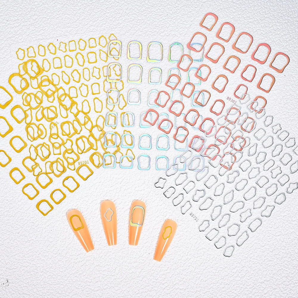 1Pc 3D Gold Hohl Unregelmäßige Geometrische Nagel Aufkleber Holo Metall Rahmen Gold/Silber Aufkleber Platz Selbst Klebe sliders Nagel Deco
