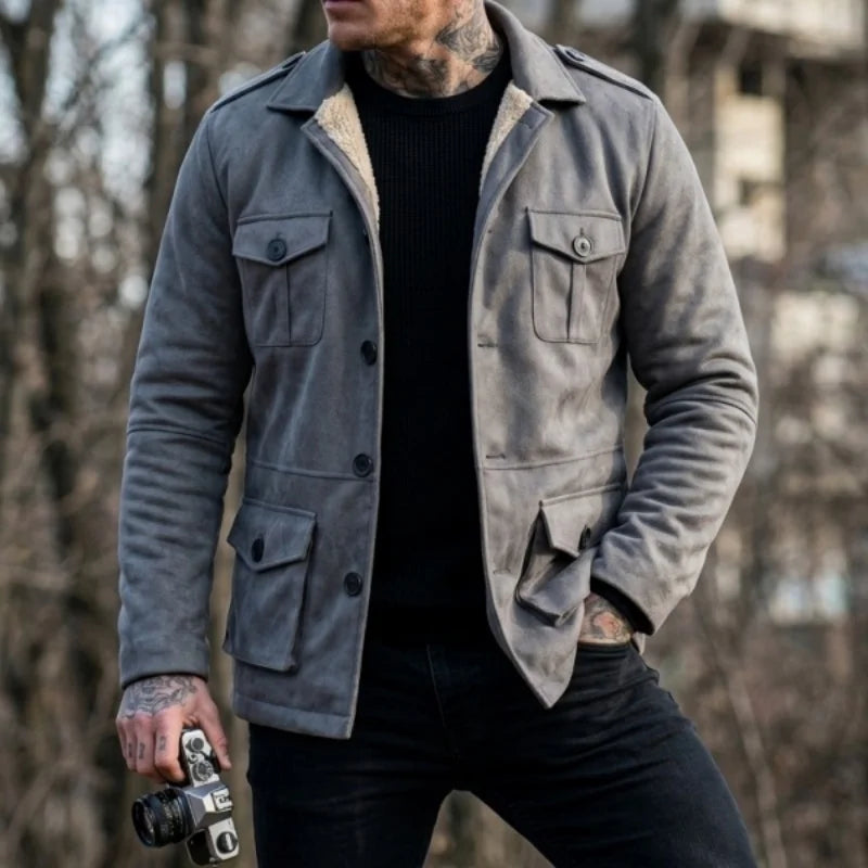 Winter-Arbeitsjacke für Herren, Kunstwildleder, Mehrzwecktaschen, Lässige Outdoor-Wanderjacke, Herren-Kunstwolljacke für den Winter