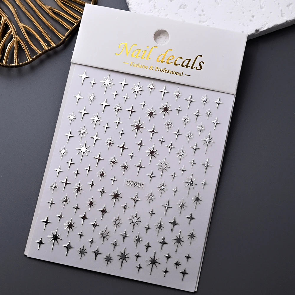 1 Stück 5D Laser Silber eingelegter Diamant Stern Nail Art Aufkleber Vierzackige Sterne Klebstoff Relief Slider Y2K Sternenlicht Maniküre Aufkleber