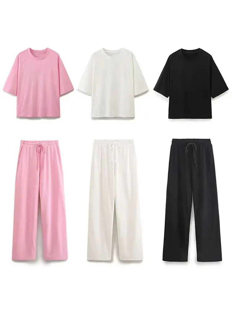 HH 2024 sommer Weibliche Feste Gemütliche Hosen Anzug Kurzen Ärmeln O Neck T-Shirt + Kordelzug Jogging Gerade Hosen Kausalen Straße set