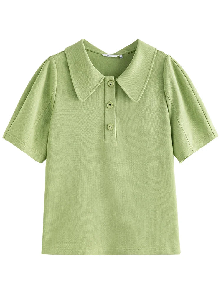 FSLE Frauen T-shirt Lose Kurzarm Baumwolle Hemd Einfarbig Frauen Tops Büro Dame Pendeln Sommer Polo Kragen Tees