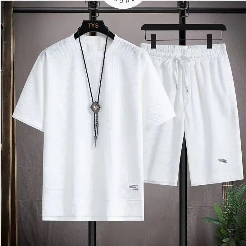 Waffel Herren Sommer Kurzarm und Shorts zweiteilige Sets Sport Casual Trainings anzug Männer bequeme coole Shorts übergroße Set