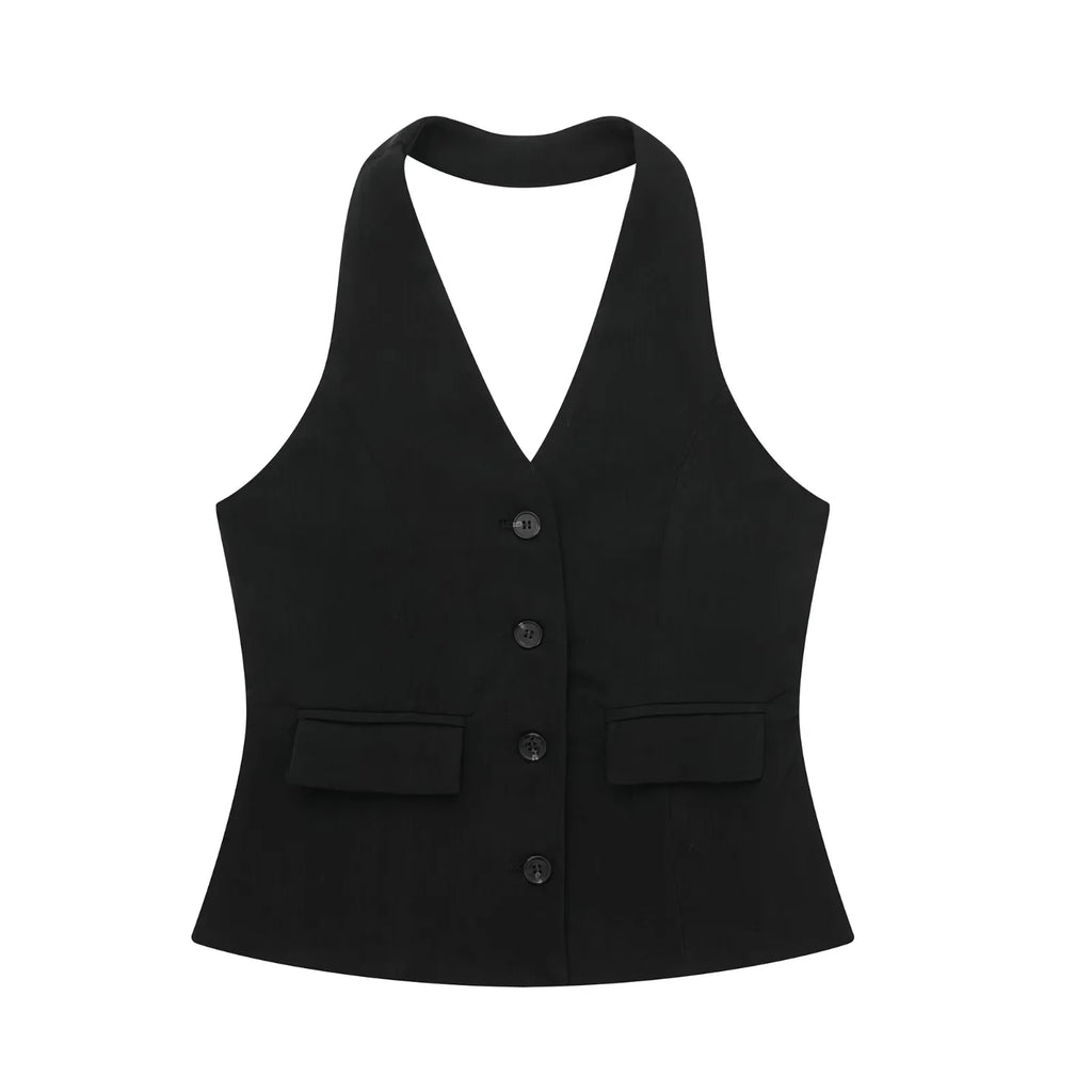 HH Hose-Sets für Damen, modisch, rückenfrei, Knopfleiste, Neckholder, bauchfreie Weste, Oberteil, gerade Hose, Hose, eleganter weißer Anzug, Streetwear