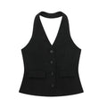 HH Hose-Sets für Damen, modisch, rückenfrei, Knopfleiste, Neckholder, bauchfreie Weste, Oberteil, gerade Hose, Hose, eleganter weißer Anzug, Streetwear