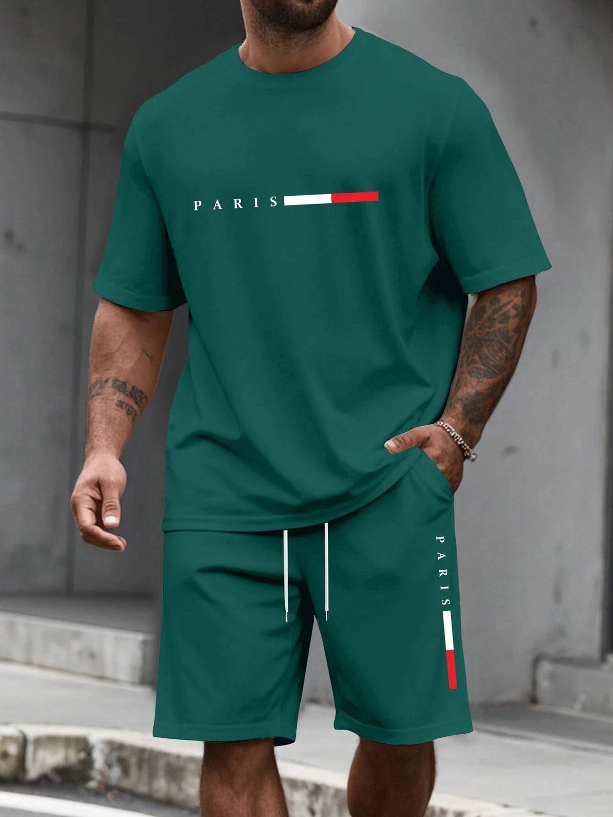 Paris-Buchstaben-Print Herren Frühling und Sommer Zweiteiler Set Lässiger Rundhals Kurzarm T-Shirt Shorts Sportanzug Bedruckte Kleidung