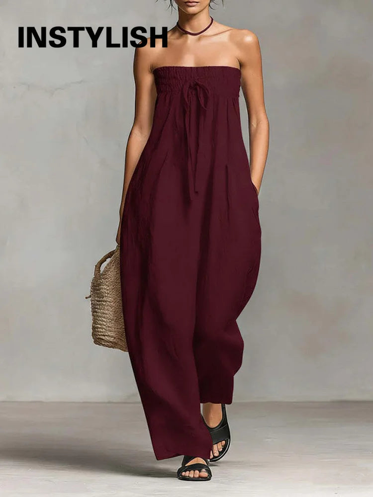 Damen Trägerloses Tube-Top Leinen-Jumpsuit mit Elastischem Gerafftem Oberteil, Sommerlicher Lässiger Ärmelloser Weiter Overall, Streetwear-Romper