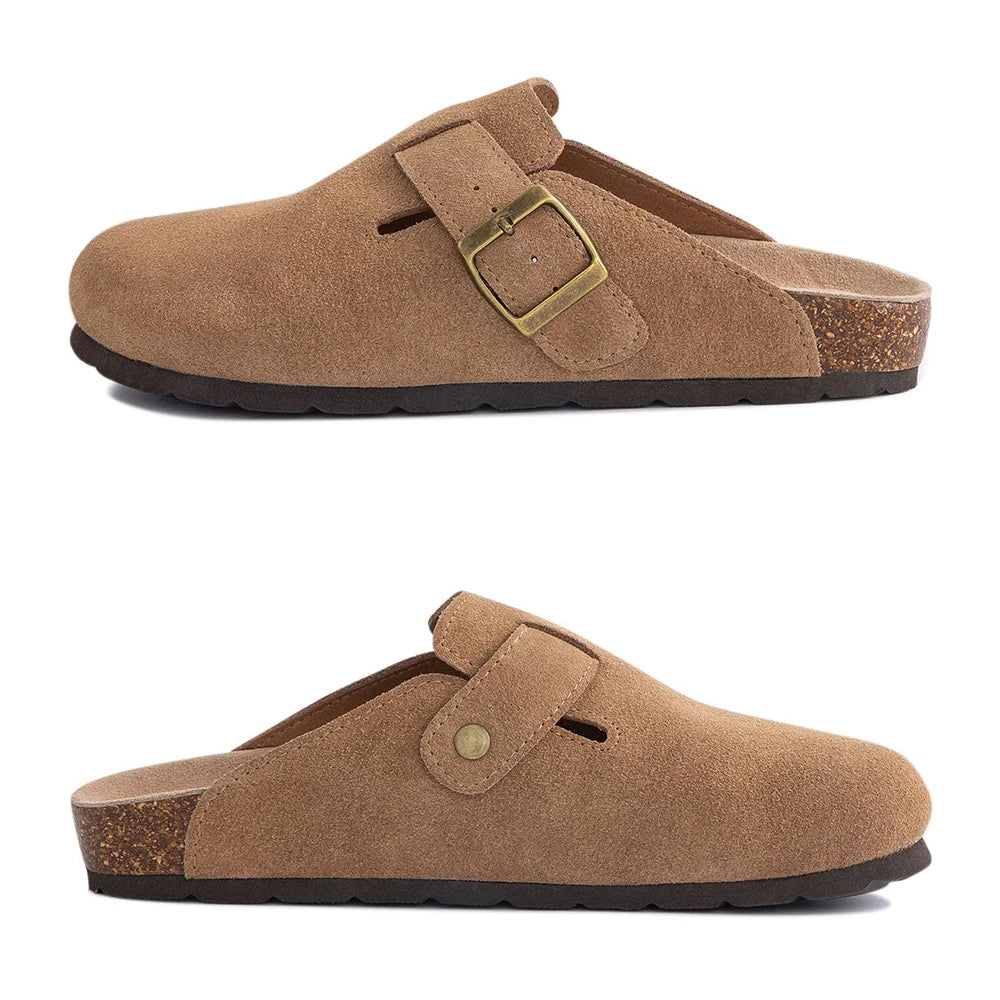 Kidmi Herren-Clogs aus Wildleder mit Korkfußbett, Clogs für Damen, weiches Leder, verstellbare Schnalle, Slip-on-Kartoffelschuhe, Sandalen, Strandpantoffeln