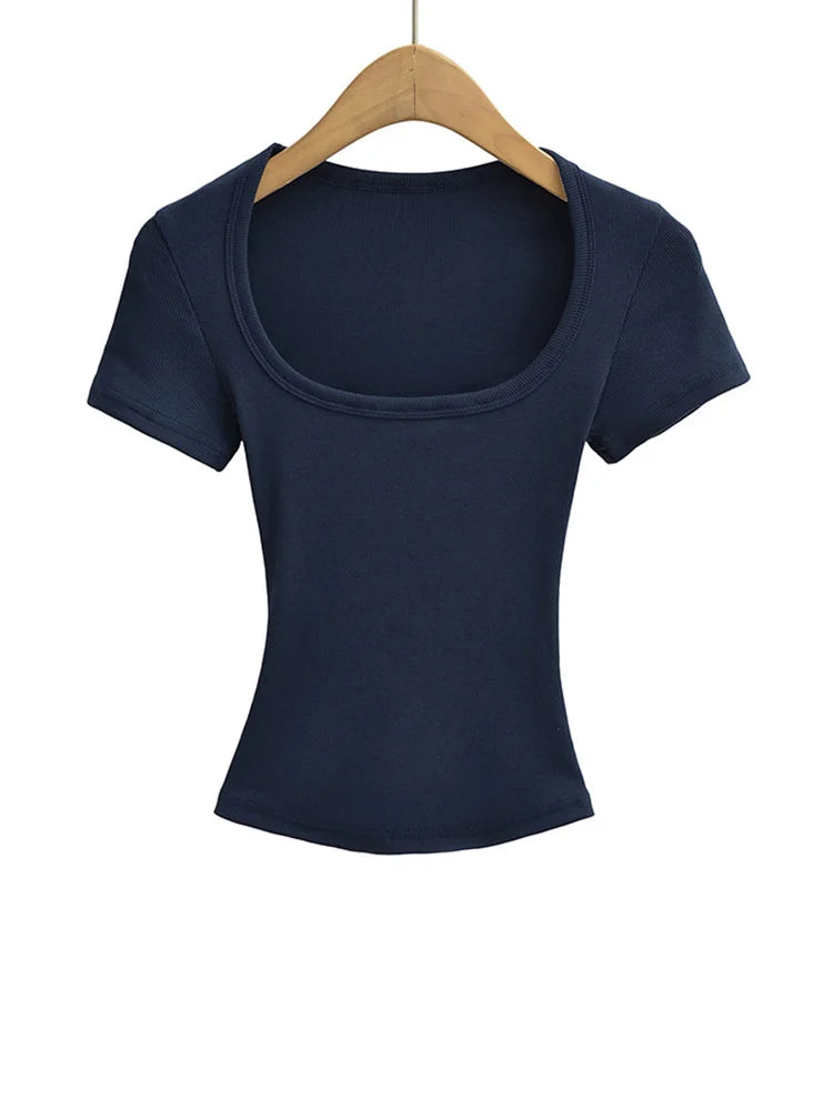 Damen Square Collar Slim Fit Crop Top High Stretch Kurzarm Pullover Sexy Sommerbluse T-Shirt Bottoming