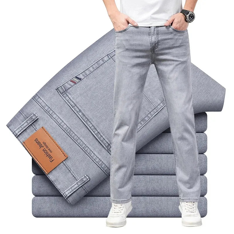 Sommer Dünne männer Baumwolle Jeans Neue Mode Grau Elastische Gerade Business Casual Hosen Bequeme Marke Hosen