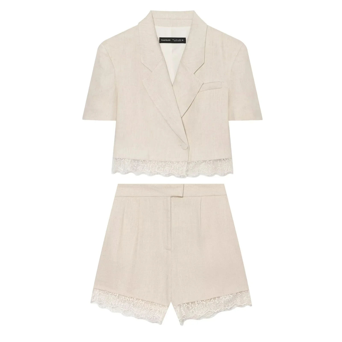 KONDALA Lässiger Chic Damen-Anzug mit V-Ausschnitt, Einknopf-Blazer, Kurze Spitzenblazerjacke, Reißverschlusstaschen, Shorts, Modisches 2026 Frühling-Sommer-Set