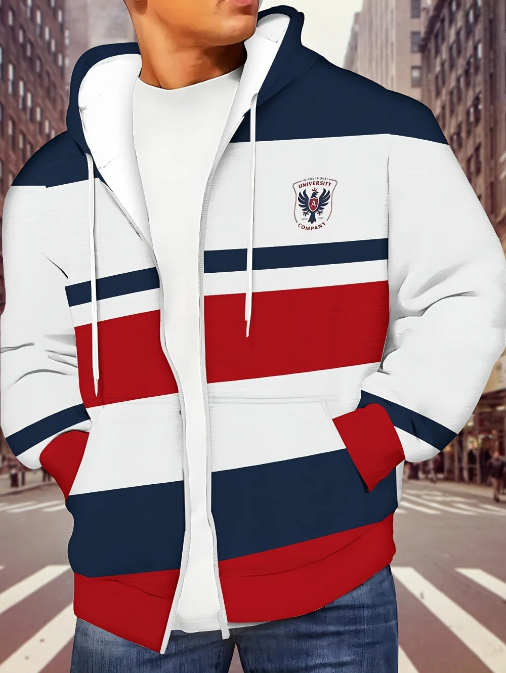 Lässiges, gestreiftes Herren-Sweatshirt mit Kapuze und durchgehendem Reißverschluss, Outdoor-Kleidung, glatte Kapuzentaschen mit Kordelzug, einfache gestreifte Sportbekleidung für Herren