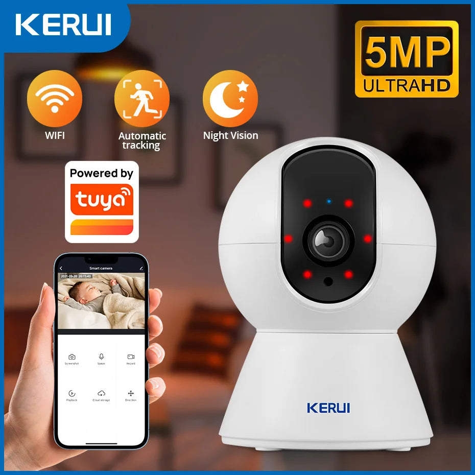 KERUI 5MP 4K WLAN-IP-Kamera Kompatibel mit Tuya Kabellose Smart Home Sicherheitskamera für Innenräume mit Menschenerkennung und Automatischer Verfolgung