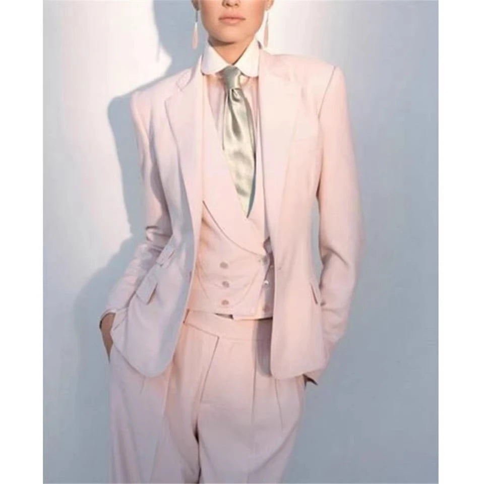Büro-Damen-Hosenanzüge Rosa Damen Business Klassischer Einknopf-Blazer mit Schlaghose Weste Hose Dreiteiliges Set Formeller Anzug