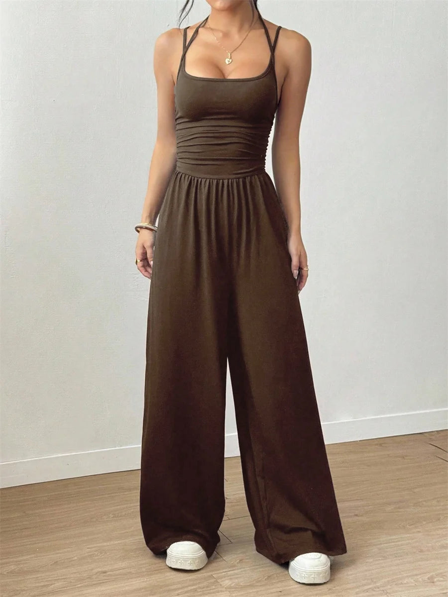 Damen-Jumpsuit mit Neckholder, geraffter Taille, U-Ausschnitt, weitem Bein, einfarbig, Sommer 2026, Alltagskleidung, Freizeit, für Büro und Studenten