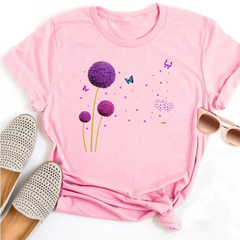 Neue Löwenzahn gedruckt Frauen T-Shirt Cartoon Grafik gedruckt schwarz Damen T-Shirt lässig Frau Shirt lustige T-Shirts