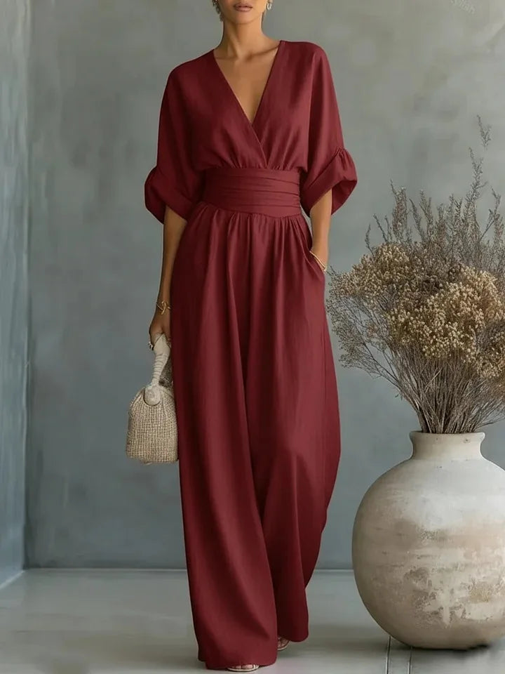 2026 Frühling Damen Jumpsuits mit tiefem V-Ausschnitt, elegante einfarbige High-Waist-Rompers, lässige Weite-Bein-Hosen mit Taschen, Overall für den Urlaub