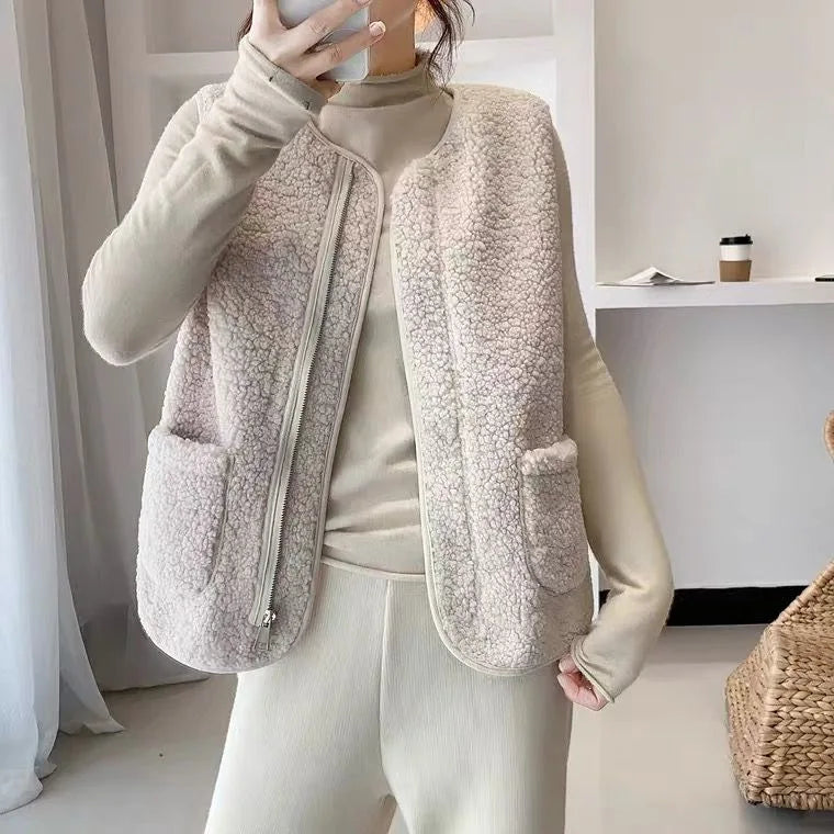Lammfellweste im Retro-Stil für Damen, komplett aus Leder und Fell, integrierte Jacke für Frühling, Herbst und Winter, neues Modell, verdickt C...