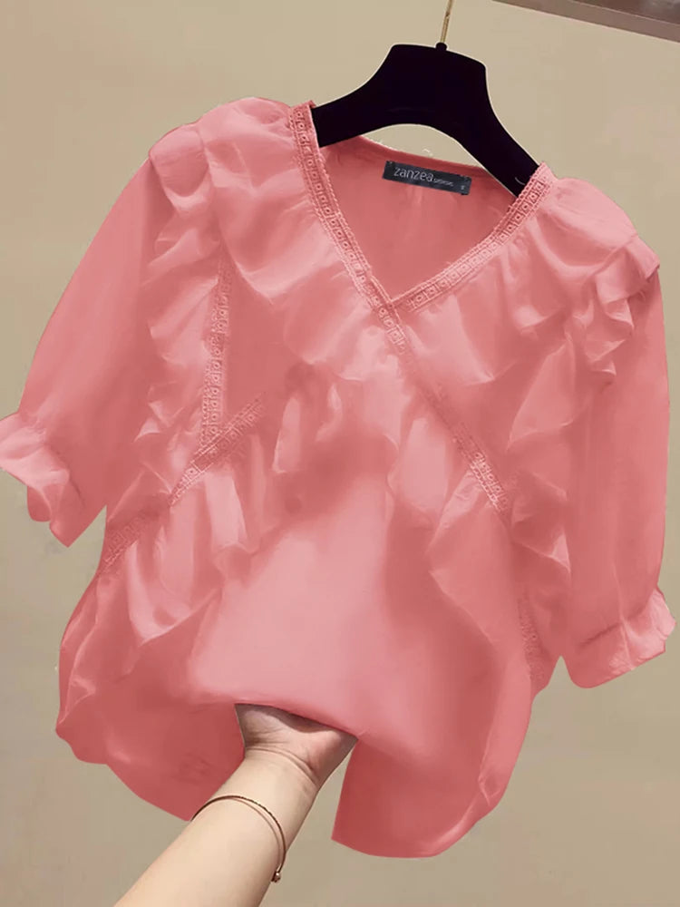 ZANZEA Frauen Feste Rüschen Bluse Vintage 3/4 Ärmel V-ausschnitt Chemise 2024 Sommer Büro Chiffon Shirts Casual Lose Nähte Tops