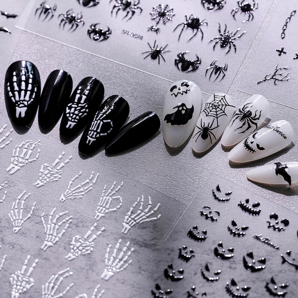 5D Halloween Geist Fledermaus Kürbis Nagel Aufkleber Glänzende Spinne Skelett Vintage Kreuz Nagel Aufkleber Halloween Gruselige Nagel Slider Decora