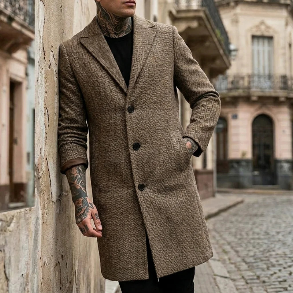 Herbst/Winter Herren Gestreifter Mantel Street Casual Jacke Lange Jacke Klassisches Muster Windjacke Warme Outdoor-Büro-Herrenbekleidung