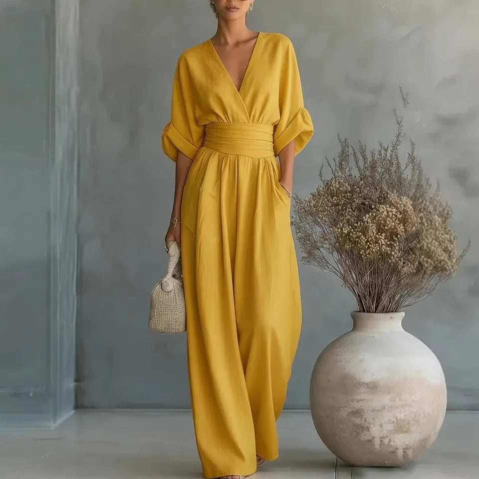 2026 Frühling Damen Jumpsuits mit tiefem V-Ausschnitt, elegante einfarbige High-Waist-Rompers, lässige Weite-Bein-Hosen mit Taschen, Overall für den Urlaub
