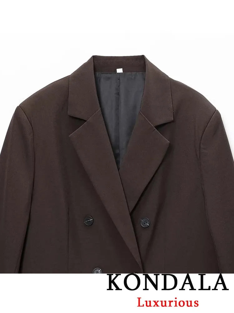 KONDALA Bürodame, schokoladenbraun, Damenanzüge, V-Ausschnitt, Doppelknopf, Blazer, Gürtel, Mini-Shorts, Rock, Mode, 2025, Vintage-Sets