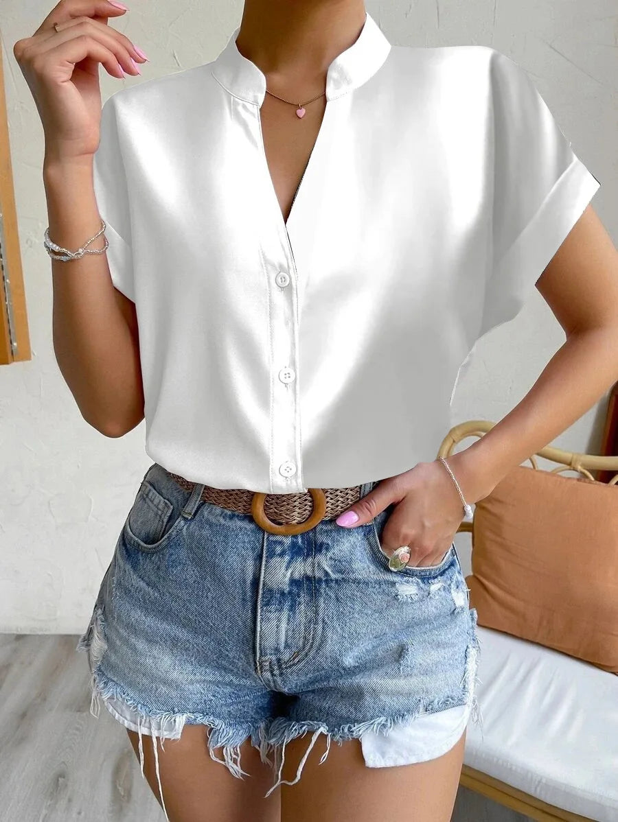 Sommer Neue V-ausschnitt Pullover Kurzarm Weibliche Einfarbig Casual Shirt frauen Kleidung 2024 Taste Büro Dame Bluse Tops