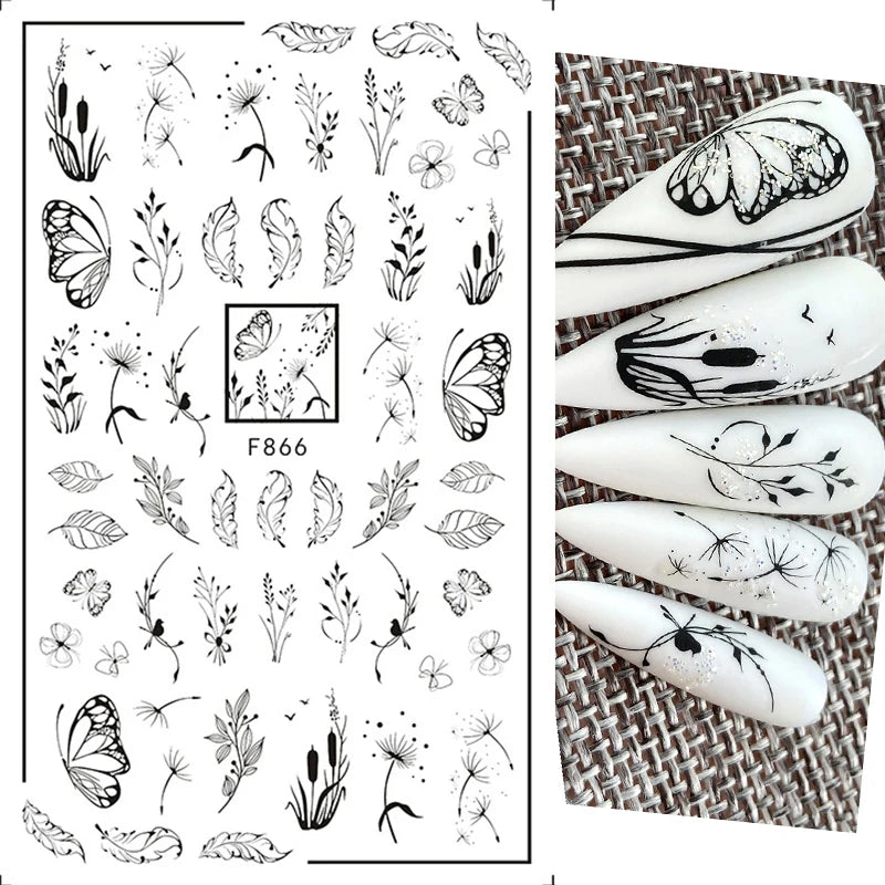 1PCS Schwarz Weiß Schmetterling Laser Nagel Aufkleber Y2K Nail art Dekoration Abstrakte Linien Bronzing Blumen Aufkleber Für Nägel