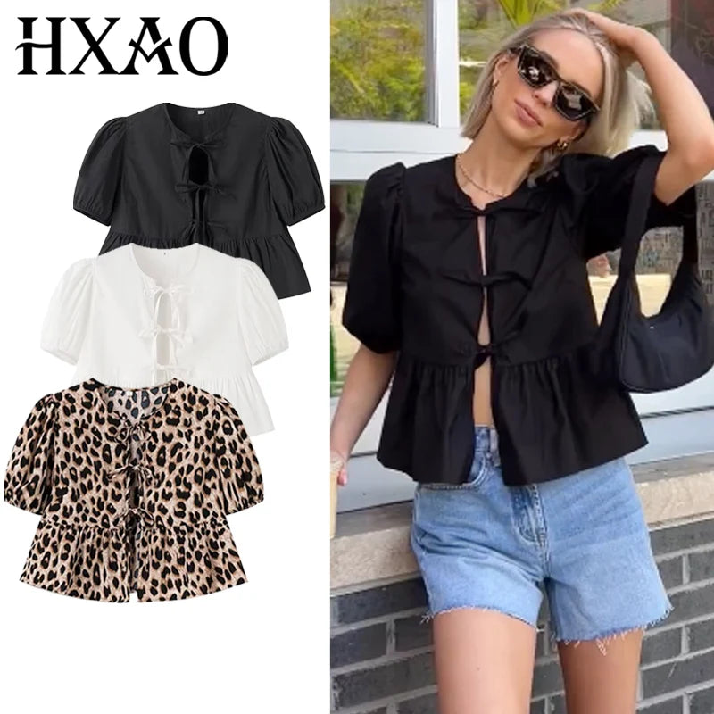 HXAO Crop Bow Bluse Damen-Hemd, Herbst 2022, lockeres schwarz-weißes Leoparden-Hemd, modische Ausschnitte, Schnür-Puff-Kurzarmhemden