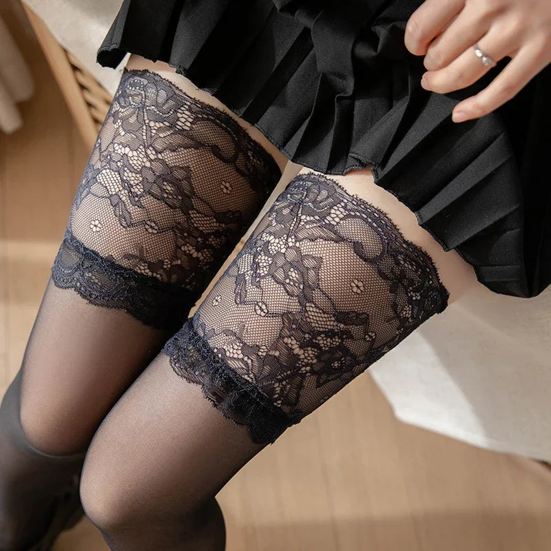 Sommer Dünne Ultra Breite Spitze Top Strümpfe Dame Mädchen Sexy Mesh Transparent Nicht-slip Oberschenkel Hohe Strumpf Knie Hohe lange Socken