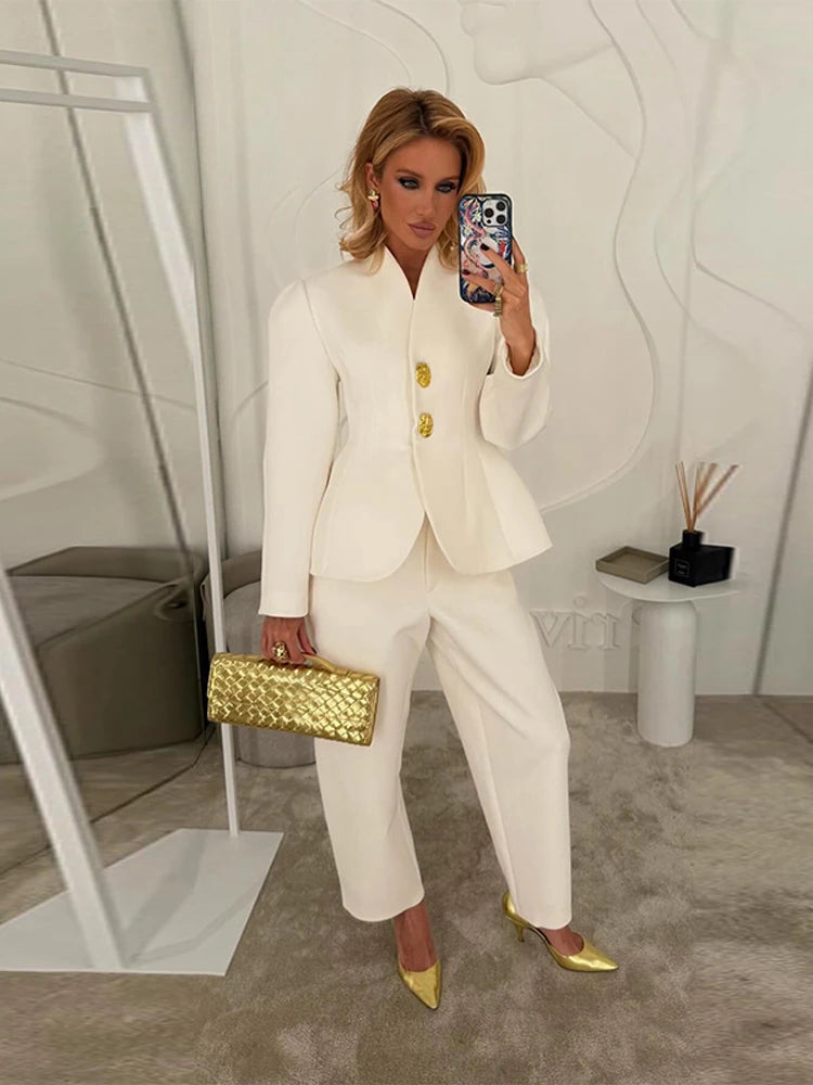 Elegante Anzug Jacke Hosen Set Frauen Schlank V-ausschnitt Puff Sleeve One Button Blazer Solide Gerade Hose 2025, Dame Büro Outfit