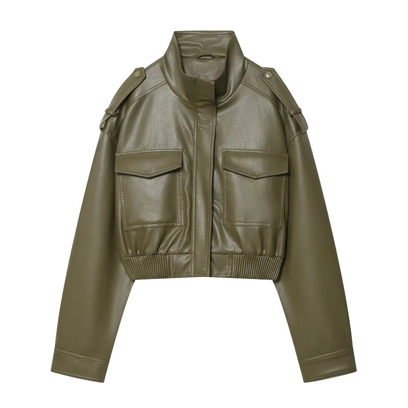 MUJER Kurze Jacke aus Kunstleder für Damen, Bomberjacke für die Halbsaison für Damen, langärmelig, Damenmäntel, Manteljacke mit Reißverschluss, Damen