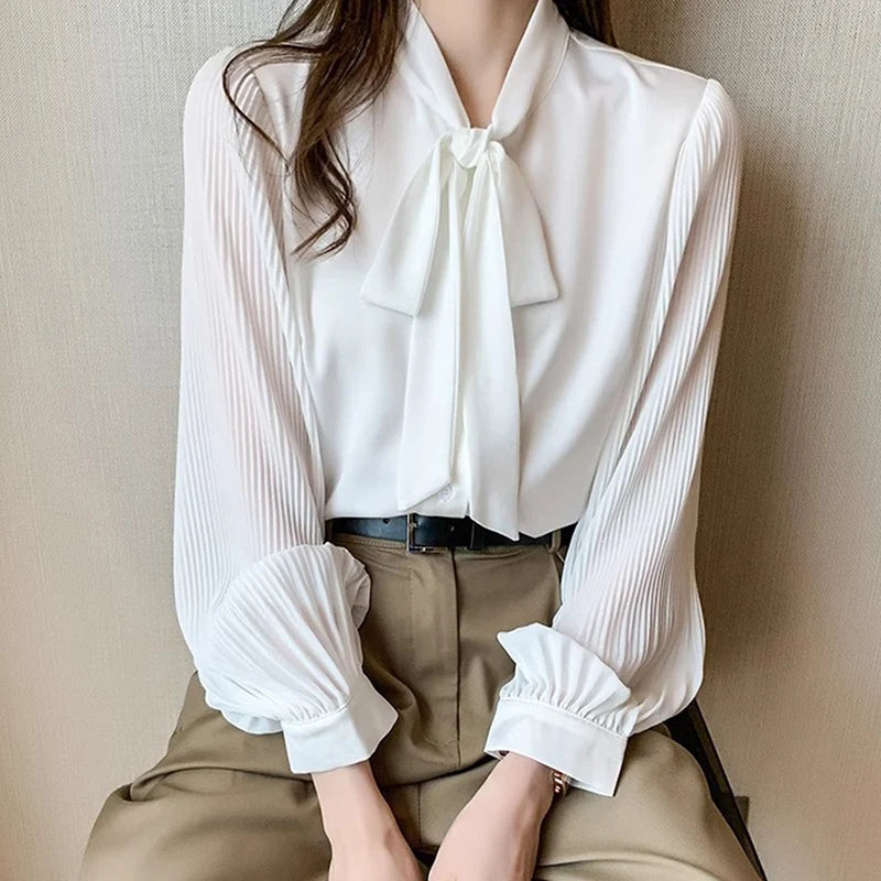 Neue Plissee Ärmel Chiffon Bluse Frauen Frühling Sommer Chic Design Bowknot Spitze-Up Langarm-shirt Einfache Professionelle Kleidung