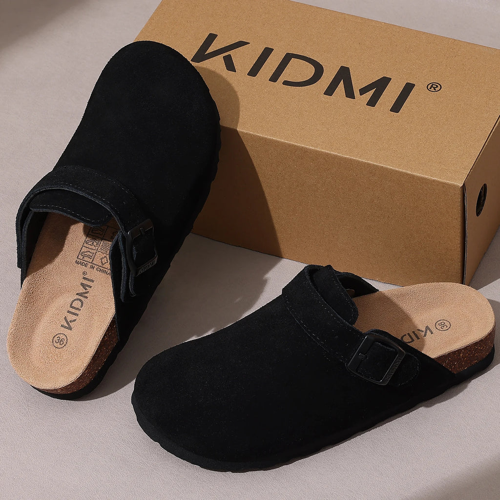 Litfun Neue modische Damen-Clogs mit verstellbarem Riemen, Korkfußbett, Leder-Pantoletten mit Fußgewölbeunterstützung, Unisex-Kartoffelschuhe für den Außenbereich