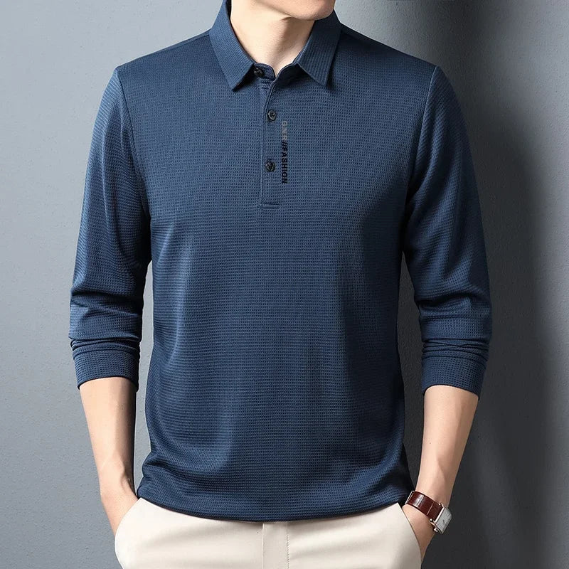 Herren-POLO-Shirt mit Waffelmuster und langen Ärmeln und lässigem Revers-Oberteil mit Buchstabendruck