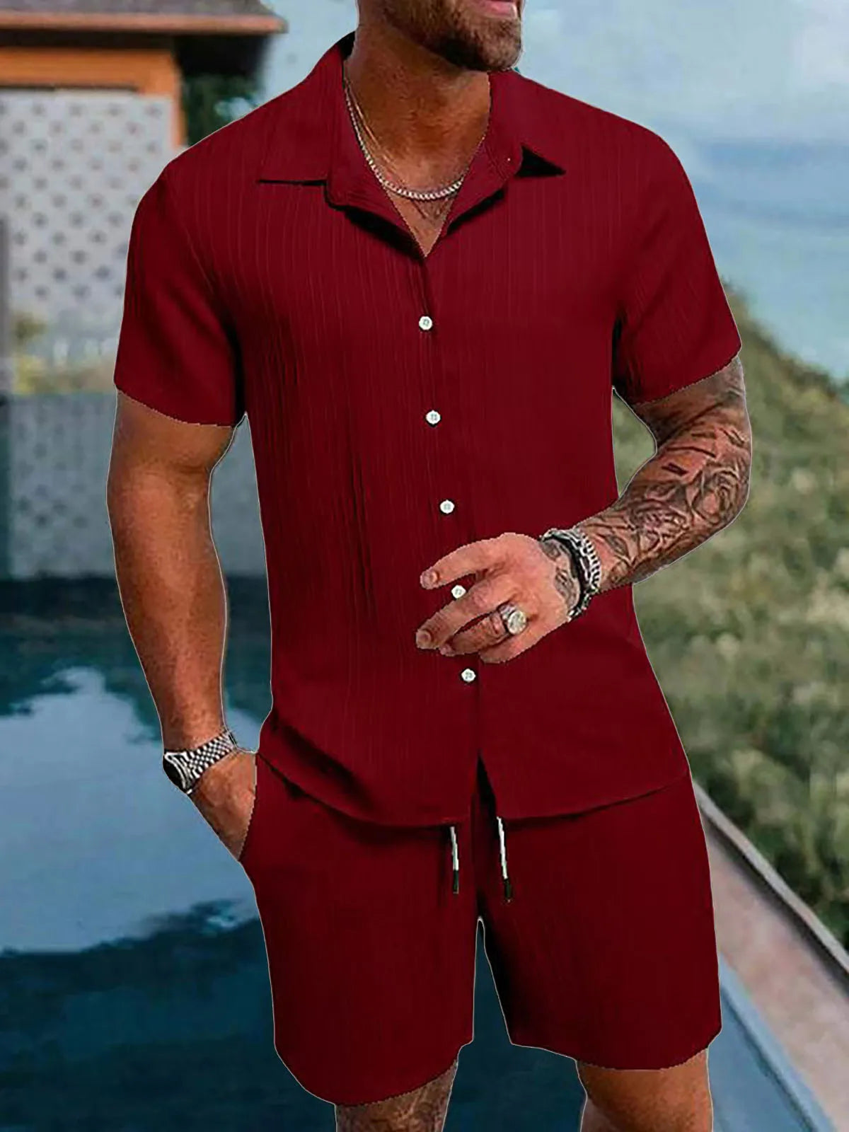 Neues hawaiianisches Urlaubshemd- und Badehose-Set für Herren, 2-teilig, kurzärmelige Hemden mit Shorts, Sommer, schnell trocknend, Schwimmen, Freizeit