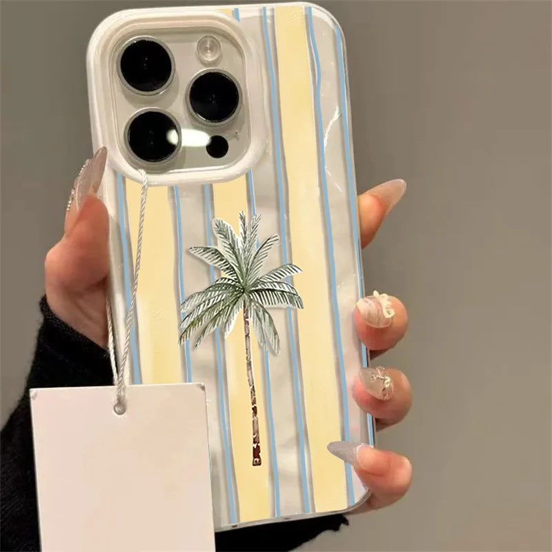 Niedliche gestreifte Palmen-Handyhülle für iPhone 11 12 13 14 Pro 15 16 Plus 17 Pro Max 17 Air 16E – Sommer-Strand-Soft-Schutzhülle stoßfest