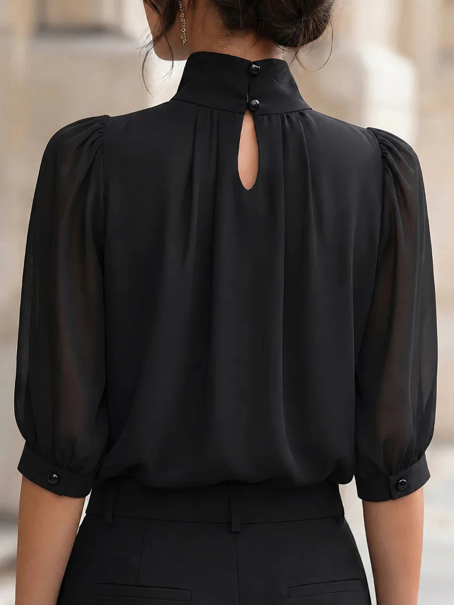Hochgeschlossene Chiffon-Bluse mit geraffter Vorderseite und Puffärmeln, elegantes Büro- und Pendler-Outfit, locker sitzendes Damen-Oberteil