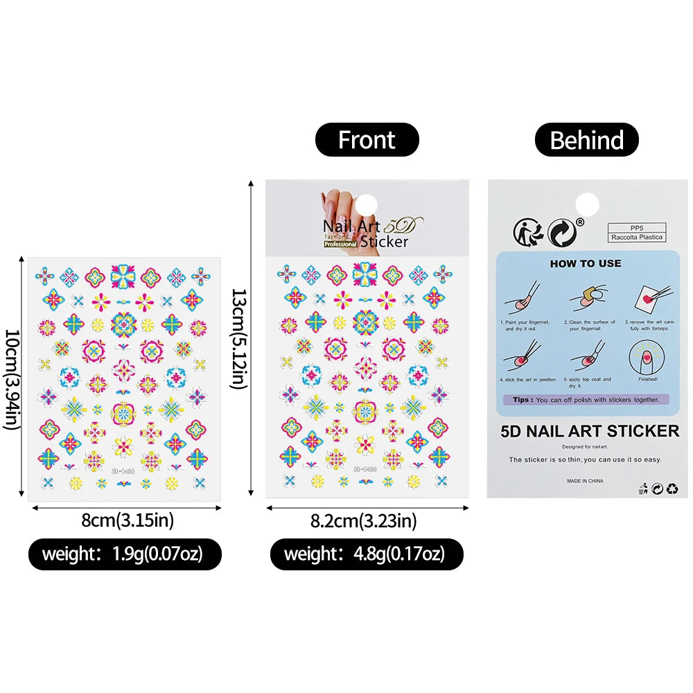 1 Stück 5D Relief Bohemian Nail Art Aufkleber, schicke Blüten elegante Stickerei Totem Boho Design Nagelzubehör Dekoration Zubehör
