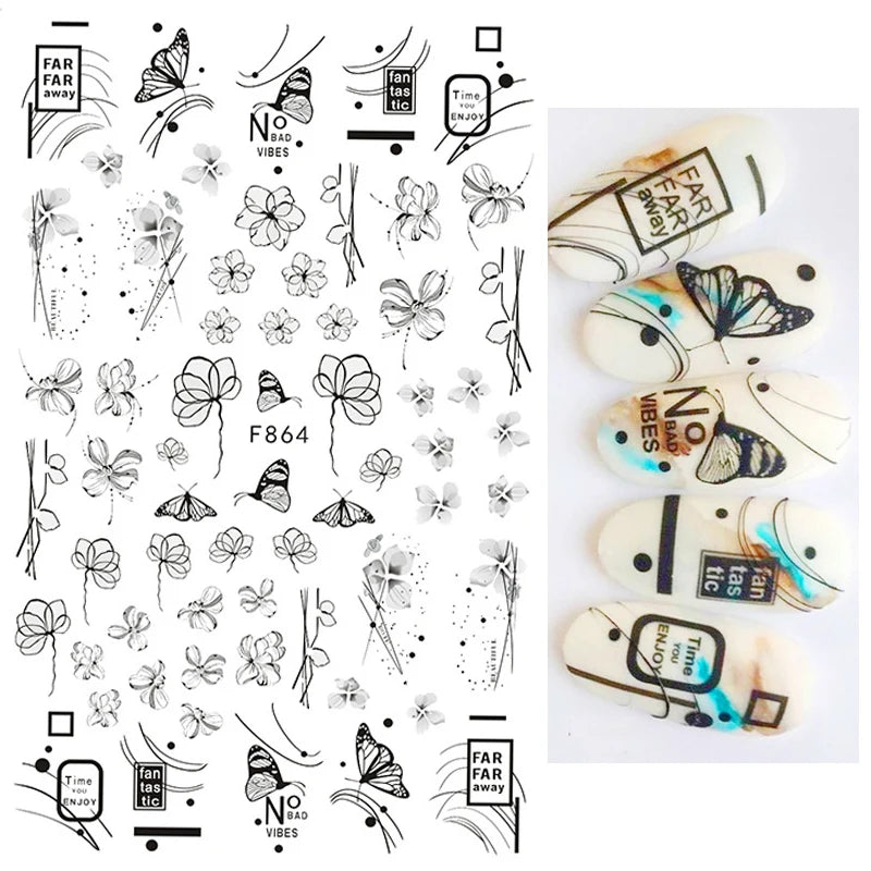 1PCS Schwarz Weiß Schmetterling Laser Nagel Aufkleber Y2K Nail art Dekoration Abstrakte Linien Bronzing Blumen Aufkleber Für Nägel
