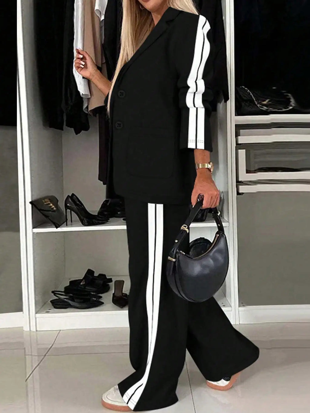 1 Set Damen-Komfortanzug, zweiteilig, mit Reverskragen, lässig, gestreift, Büro-Hose mit weitem Bein, lang, stilvoll, elegant, für den Alltag