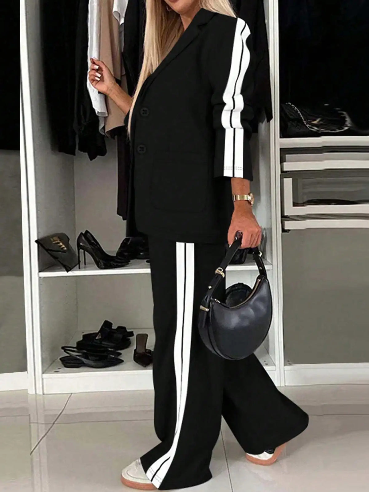 1 Set Damen-Komfortanzug, zweiteilig, mit Reverskragen, lässig, gestreift, Büro-Hose mit weitem Bein, lang, stilvoll, elegant, für den Alltag