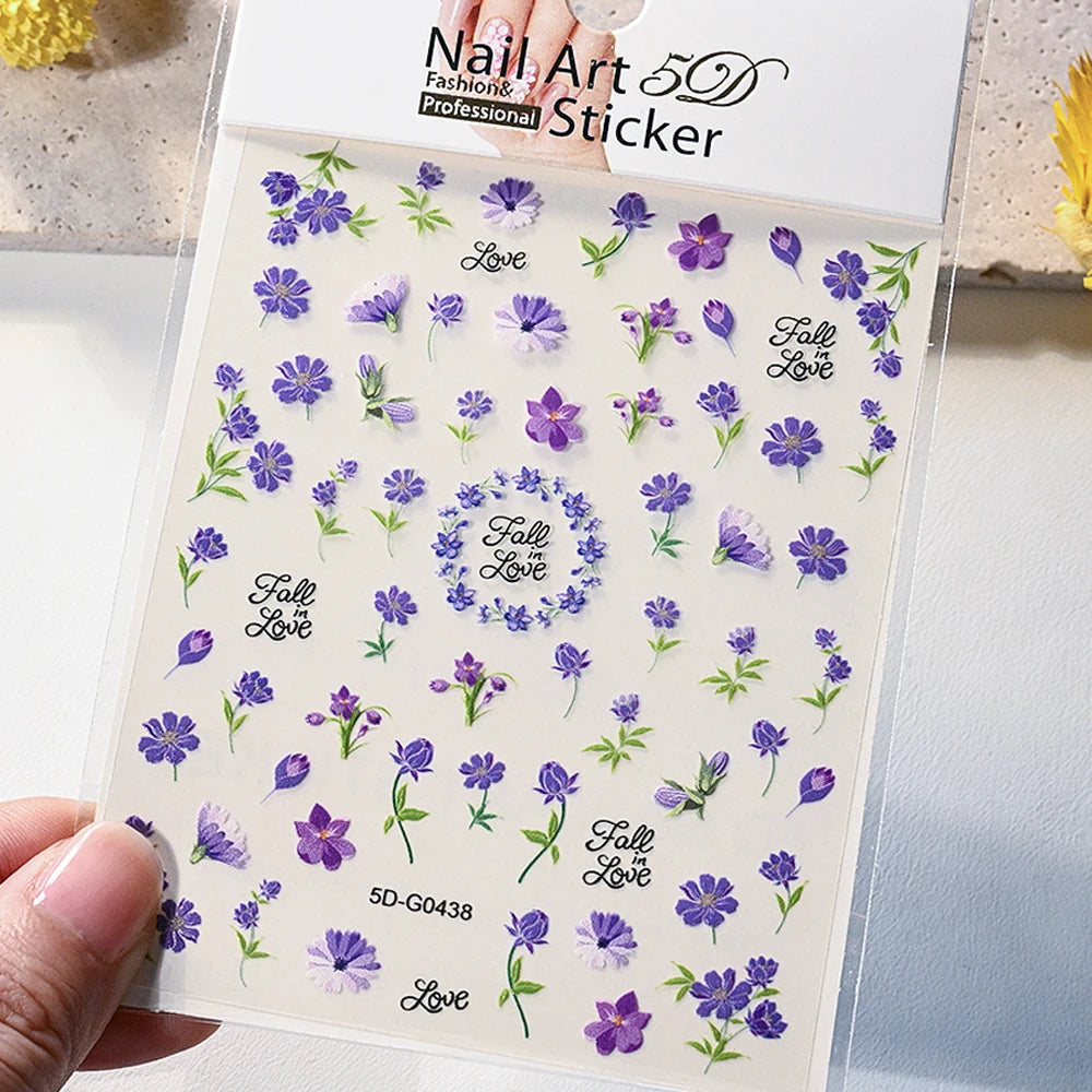 1 Stück 3D Lavendel Blumen Aufkleber für Nägel Frühling Sakura Blumenblätter Selbstklebende Slider Abziehbilder Kunst Maniküre für Dekoration