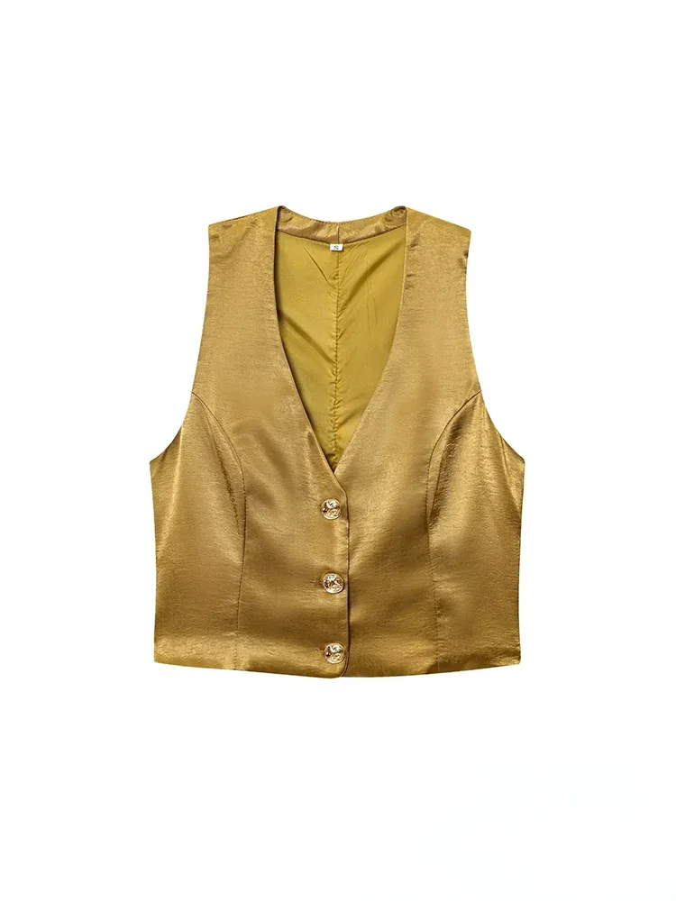 KONDALA Casual Chic Gelb Satin Frauen Anzüge V-ausschnitt Tasten Weste Hohe Taille Breite Bein Hosen Mode 2025, Sommer Urlaub Anzüge
