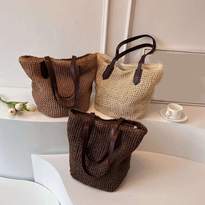Frauen Umhängetasche Böhmischen Stroh Handtasche Sommer Strand Gewebte Unterarm Tasche Große Casual Gestrickte Tasche Häkeln Einkaufstasche
