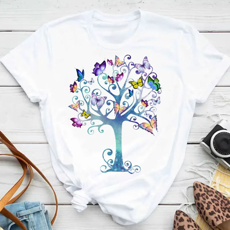 Neue blaue Schmetterling Blumen gedruckt T-Shirt Frauen Sommer lässig Kurzarm O-Ausschnitt Tops 90er Jahre Mode Grafik weibliche Tops T-Shirts