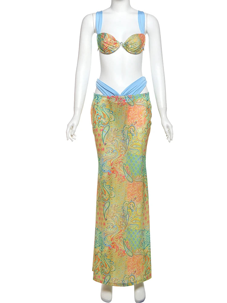 Nibber Sommer Strand Party 2-teiliges Set Damen Buntes Druck-BH-Tops + hohle Maxiröcke mit hoher Taille Passende Mitternachts-Clubwear